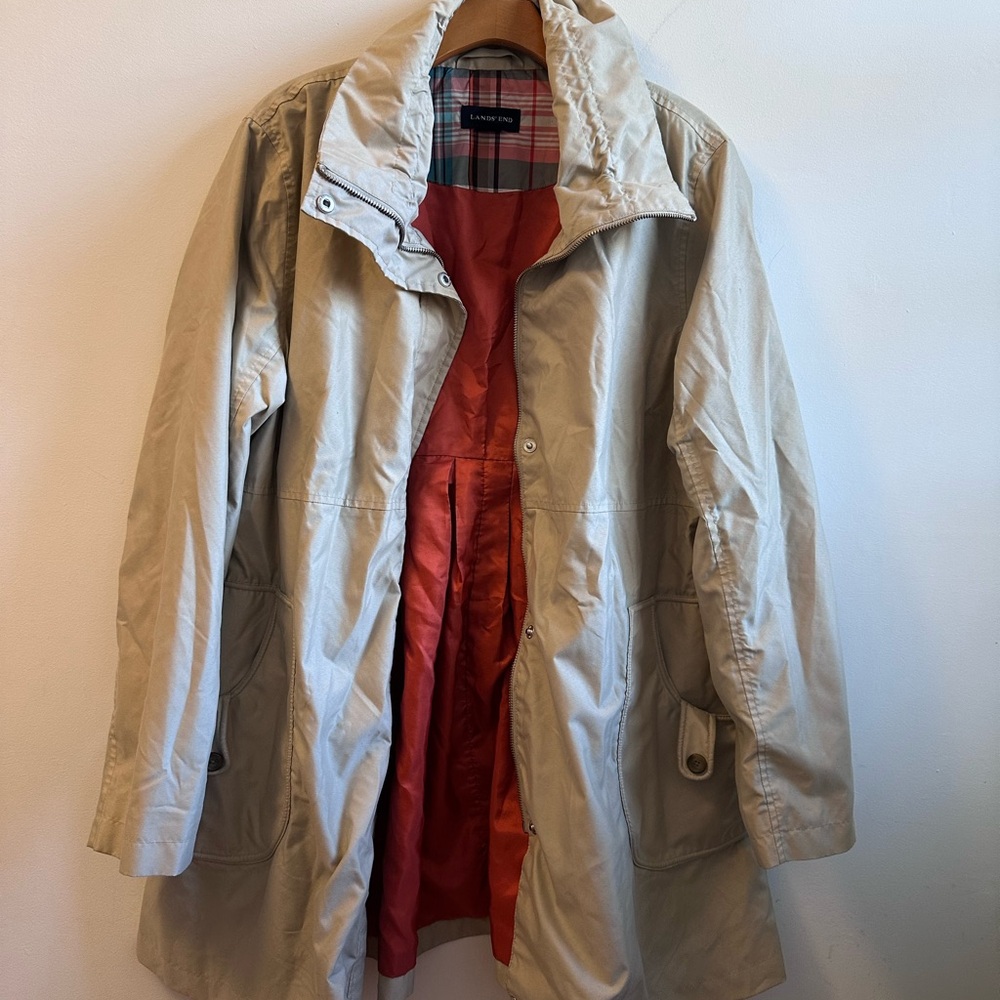 Lands' End Women’s Tan Trench Coat with Orange and Plaid Lining